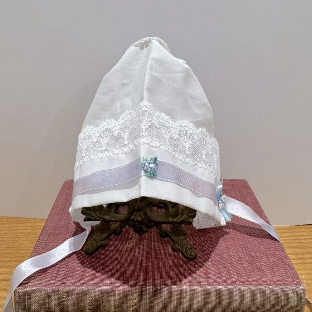 White Lace Baby Bonnet with Blue Accents